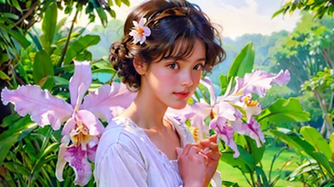 (highest quality、high resolution、masterpiece)、4k anime art、(woman in white dress、cattleya flower in hand)、(cattleya, solo, 3-flo...