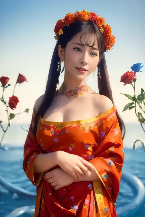 (surrealistic masterpiece: 1.7), (ar 9:16, s2:1), (photorealistic: 1.6), closeup, one beautiful elegant girl, holding red roses,...