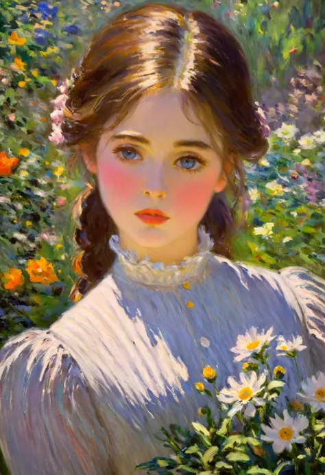 (Girl in a Garden by Claude Monet,Beautiful and delicate eyes,Beautiful and delicate lips,Extremely detailed eyes and face, Long...