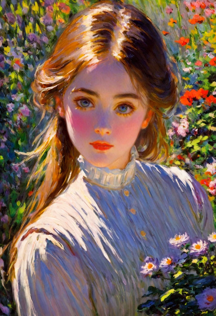 (Girl in a Garden by Claude Monet,Beautiful and delicate eyes,Beautiful and delicate lips,Extremely detailed eyes and face, Long eyelashes, Impressionist Techniques, Vibrant colors, Stunning visuals, Eternal tranquility, painting,Super Fine, professional, Bright colors, Clear focus, HDR, Physically Based Rendering, masterpiece:1.2, High resolution, Ultra HD, Studio Lighting, Romantic, Soft brushstrokes, Tranquil atmosphere)