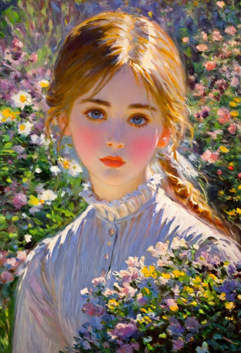(Girl in a Garden by Claude Monet,Beautiful and delicate eyes,Beautiful and delicate lips,Extremely detailed eyes and face, Long eyelashes, Impressionist Techniques, Vibrant colors, Stunning visuals, Eternal tranquility, painting,Super Fine, professional, Bright colors, Clear focus, HDR, Physically Based Rendering, masterpiece:1.2, High resolution, Ultra HD, Studio Lighting, Romantic, Soft brushstrokes, Tranquil atmosphere)
