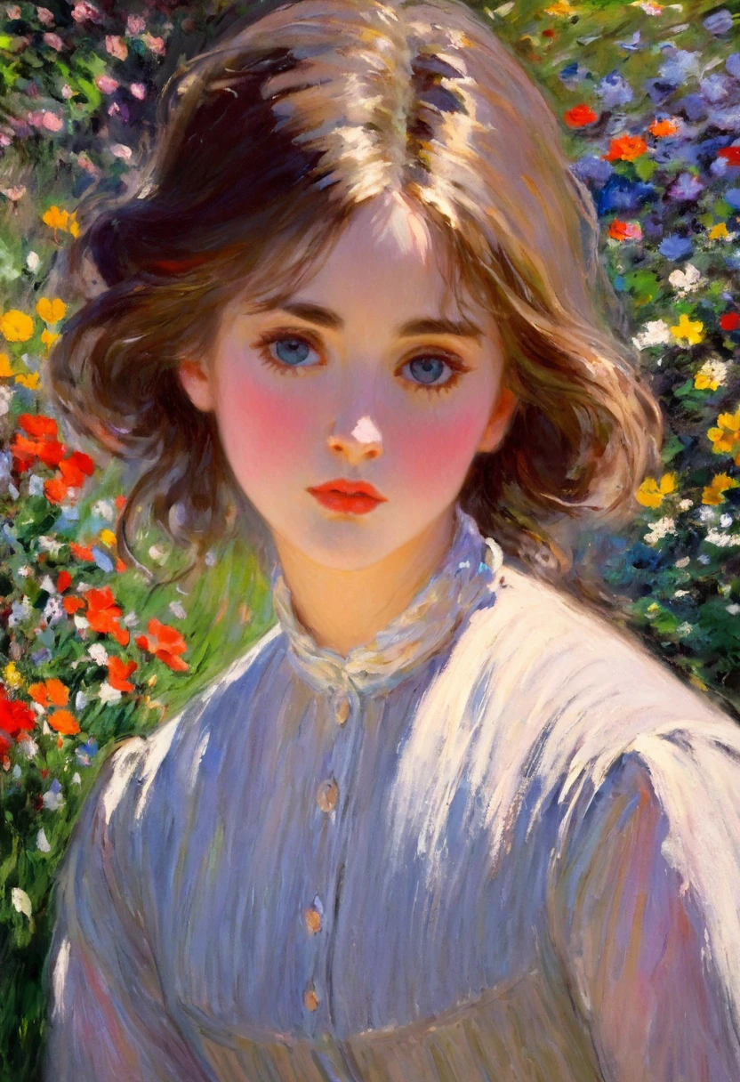 (Girl in a Garden by Claude Monet,Beautiful and delicate eyes,Beautiful and delicate lips,Extremely detailed eyes and face, Long eyelashes, Impressionist Techniques, Vibrant colors, Stunning visuals, Eternal tranquility, painting,Super Fine, professional, Bright colors, Clear focus, HDR, Physically Based Rendering, masterpiece:1.2, High resolution, Ultra HD, Studio Lighting, Romantic, Soft brushstrokes, Tranquil atmosphere)
