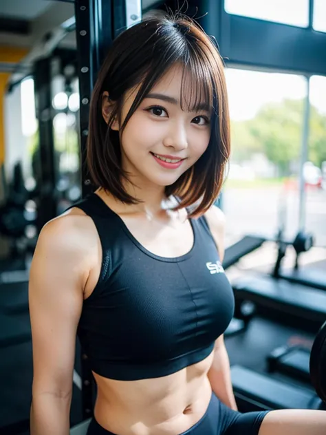 cute Japanese idol, short cut hair, (gym uniform with tight thin crop top and tight half pant), smiling, looking at viewer, dyna...