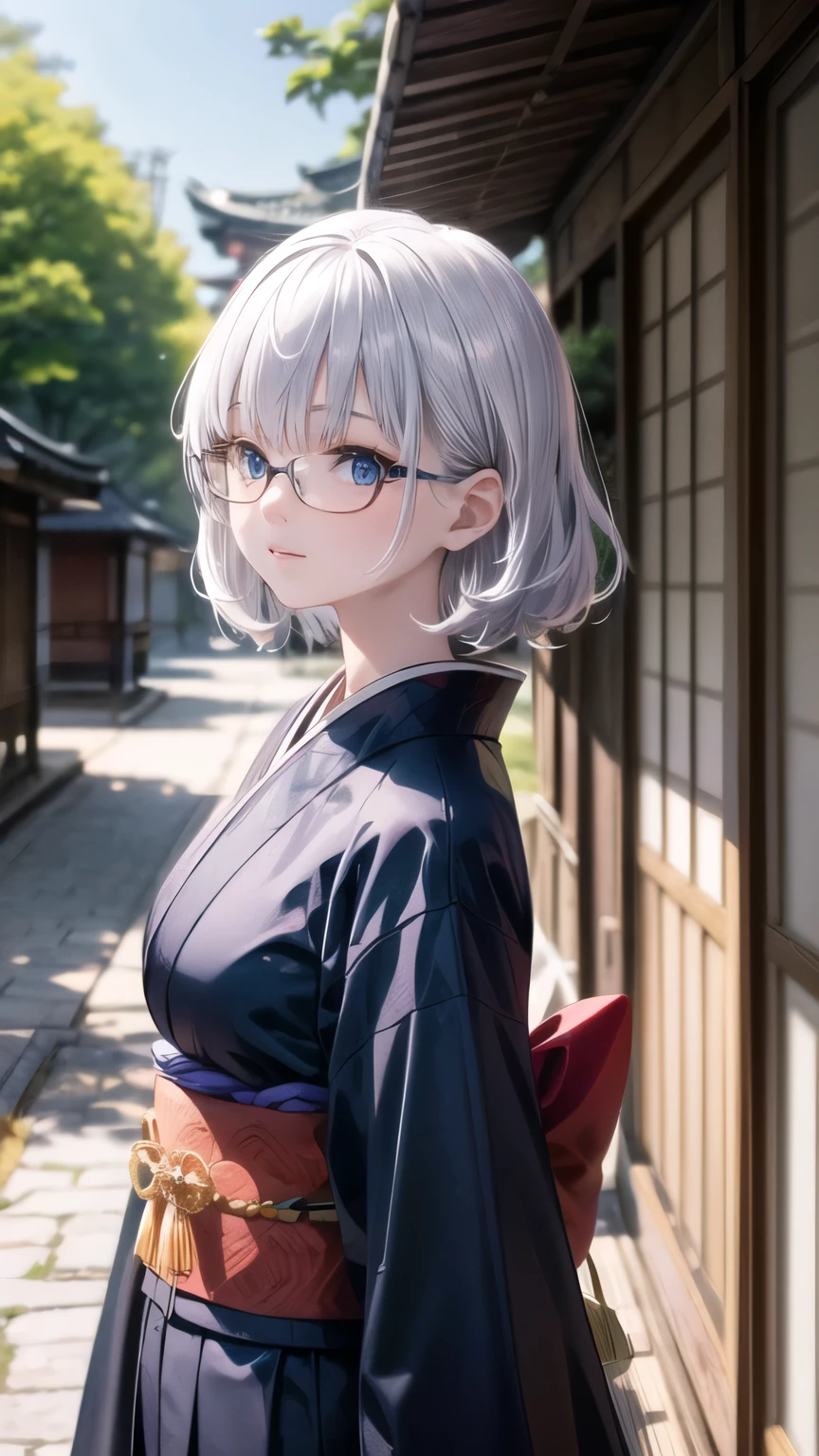 1Lady, short white hair, bangs, blue eyes, glasses, blue kimono, traditional japanese, high res, ultrasharp, 8K, masterpiece, looking at viewer, sunny, Japanese scenery