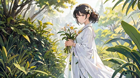 (highest quality、high resolution、masterpiece)、4k anime art、(woman in white dress、cattleya flower in hand)、(cattleya, solo, 3-flo...