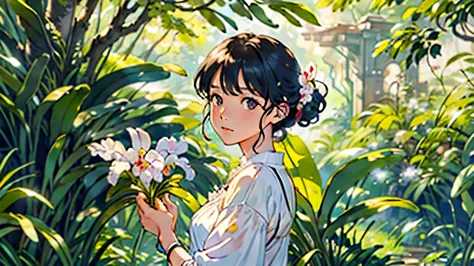 (highest quality、high resolution、masterpiece)、4k anime art、(woman in white dress、cattleya flower in hand)、(cattleya, solo, 3-flo...