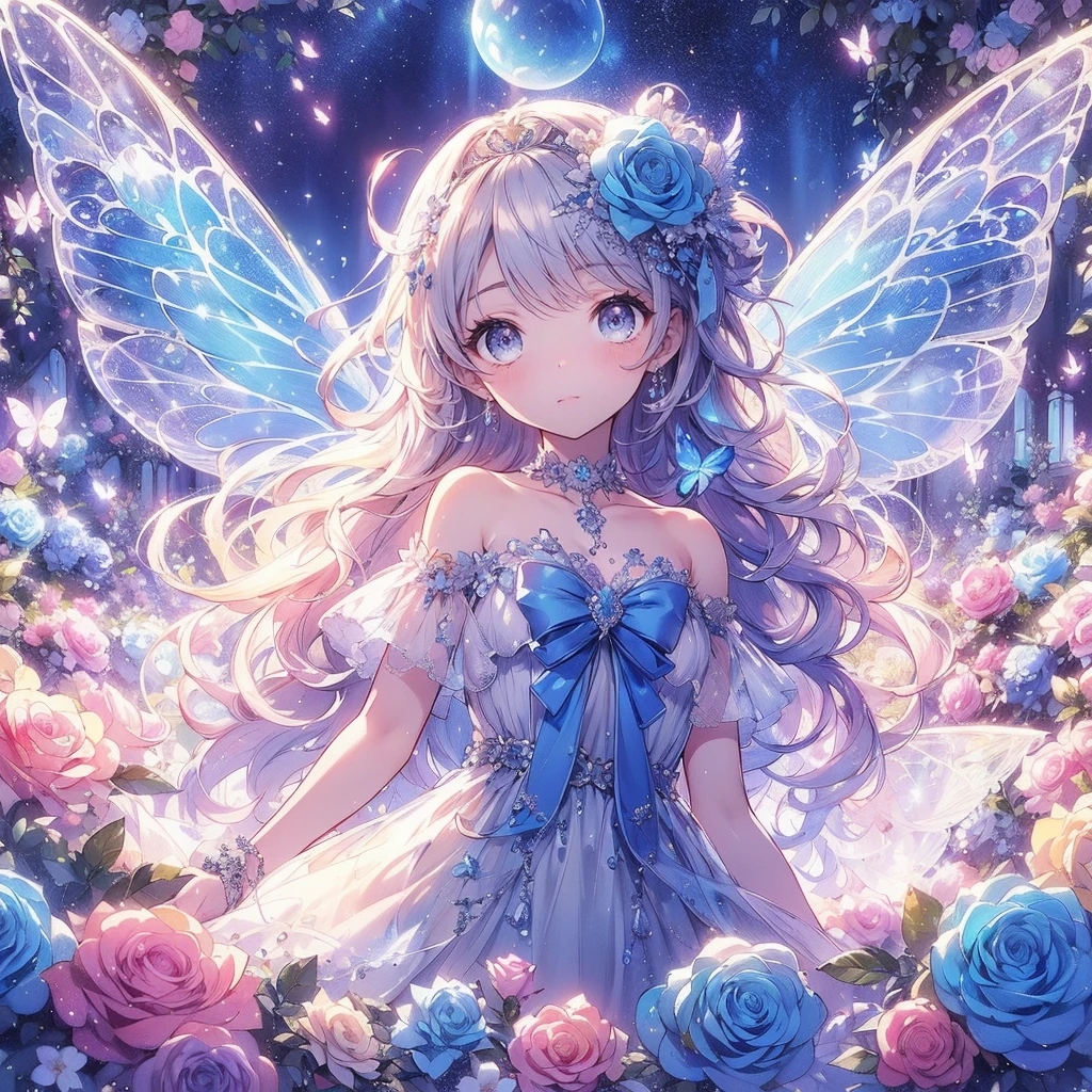 (Exquisite, beautiful, Very detailed, masterpiece, High resolution,high quality,High resolution),(Well-formed face,Soft and thin lines: 1.2, beautiful, Delicate and vivid illustrations with a mature and clear feel), A fairy princess with butterfly-like wings stands gracefully in a beautiful, fantastical flower garden filled with blue roses under a starry night sky.,whole body,Beautiful blue rose flower with petals flying,(Transparent fairy wings grow from your back), (Beautiful small sapphire tiara, earrings and choker), A ball gown dress with a blue rose motif, decorated with rose flowers, ribbons, lace and frills., (She has pale pink cheeks, plump pink lips, and a large bust, making her a fair-skinned girl with a good figure.),Colored pencil art,Vibrant and eye-catching colors,Dynamic Angles