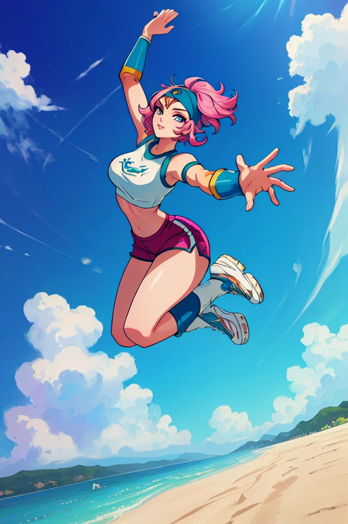 seguro para o trabalho,(composição perfeita),imaginei uma garota com roupa de esporte radical jogando um jogo de disco voador em uma arena de praia., obra de arte, Ultra-detalhado, 80's anime (estilo), 2D, Megapixels, perfeccionismo, Full HD , 4K, (bloqueadores de vento), bloqueadores de vento sport game, bloqueadores de vento 2 (((((solo maduro anime mulher,)))))++++++++++++++++++, Olhando para o visualizador, corpo todo, cabelo castanho e cabelo rosa, cabelo curto, cabelo estranho, sorriso, lábios, cílios, seios médios, uniforme de ginásticae, uniforme, shorts de ginástica, arco de cabelo, esportes bem, cotoveleira, joelheira, extreme sports outfit 80's theme, fundo de praia, jogando jogo de disco voador em um jogo de quadra de praia, mar, sol no céu, roupa de esporte