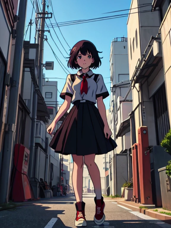 (composition parfaite), (haute résolution, chef-d&#39;œuvre, ultra meilleure qualité, Ultra HD, 4k,HD, très détaillé ),personnage d&#39;anime fille délinquante Sukeban debout sur un coin de rue de la ville en seifuku noir avec jupe très longue noire, Style animé. 8k, Style animé mixed with fujifilm, fille d&#39;anime rétro, Style animéd digital art, à Tokyo, Style animé illustration, Style animé 4 k, Style animé artwork, anime affiche film encore portrait, scène d&#39;anime de tokyo, modern Style animé, Style animé digital art, Cheveux courts, 26 ans, converse rouge,