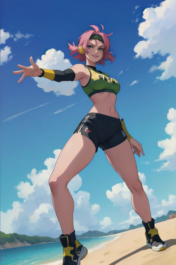 safe for work,(perfect composition),imagined a girl in extreme sport outfit playing to a flying disc game in a beach arena game sport, masterpiece, ultra-detailed, 80's anime (style), 2D, megapixel, perfectionism, full HD , 4K, (windjammers), windjammers sport game, windjammers 2 (((((solo mature anime woman,)))))++++++++++++++++++, looking at viewer, full body, brown hair and pink hair, short hair, weird hair, smile, lips, eyelashes, medium breasts, gym uniform, uniform, gym shorts, headband, sports bra, elbow pad, knee pad, extreme sports outfit 80's theme, beach background, playing flying disc game on a beach court game, sea, sun in the sky, sports wear