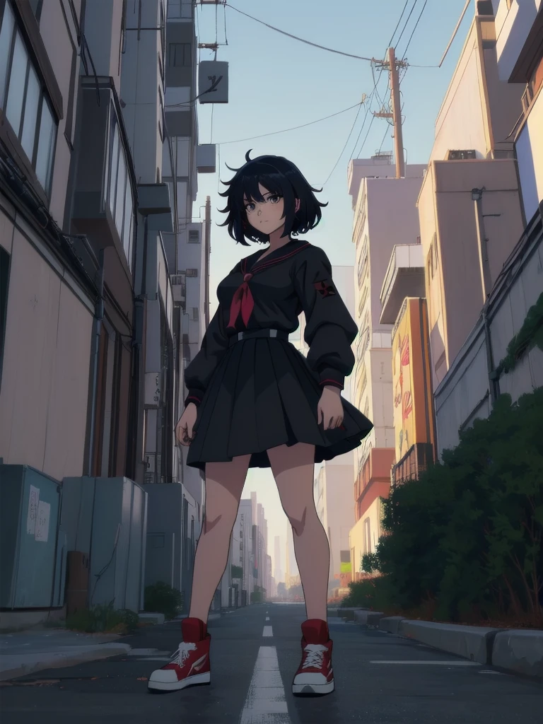 (perfect composition), (high resolution, masterpiece, ultra best quality, ultra HD, 4k,HD, high detailed ),anime character Sukeban delinquent girl  standing on a city street corner in black seifuku with black very long skirt, anime style. 8k, anime style mixed with fujifilm, retro anime girl, anime styled digital art, in tokyo, anime style illustration, anime style 4 k, anime style artwork, anime poster film still portrait, tokyo anime scene, modern anime style, anime style digital art, short hair, 26year old, red converse,