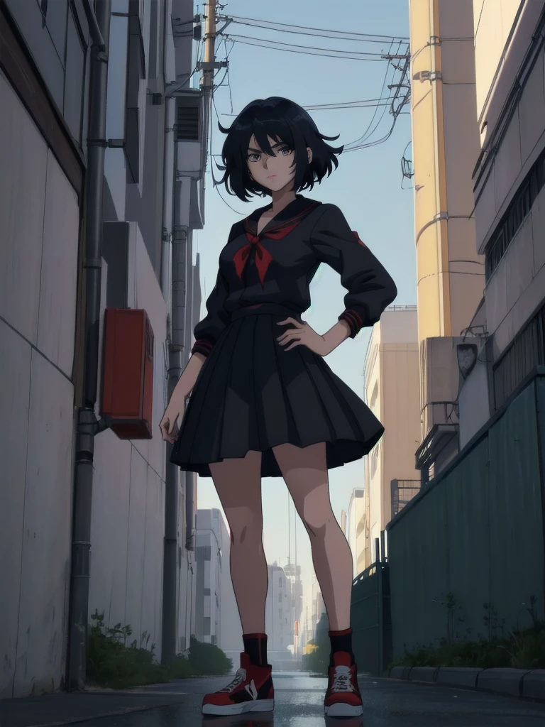 (composition parfaite), (haute résolution, chef-d&#39;œuvre, ultra meilleure qualité, Ultra HD, 4k,HD, très détaillé ),personnage d&#39;anime fille délinquante Sukeban debout sur un coin de rue de la ville en seifuku noir avec jupe très longue noire, Style animé. 8k, Style animé mixed with fujifilm, fille d&#39;anime rétro, Style animéd digital art, à Tokyo, Style animé illustration, Style animé 4 k, Style animé artwork, anime affiche film encore portrait, scène d&#39;anime de tokyo, modern Style animé, Style animé digital art, Cheveux courts, 26 ans, converse rouge,