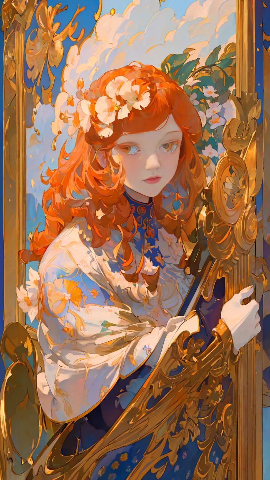 masterpiece, art deco, European woman's face portrait, long curly hair, ginger, piclill, delicate face, flower frame, decorative panel, Alphonse Mucha (masterpiece, highest quality, high resolution: 1.4), detailed, intricate details, 4K, color splash, flowers