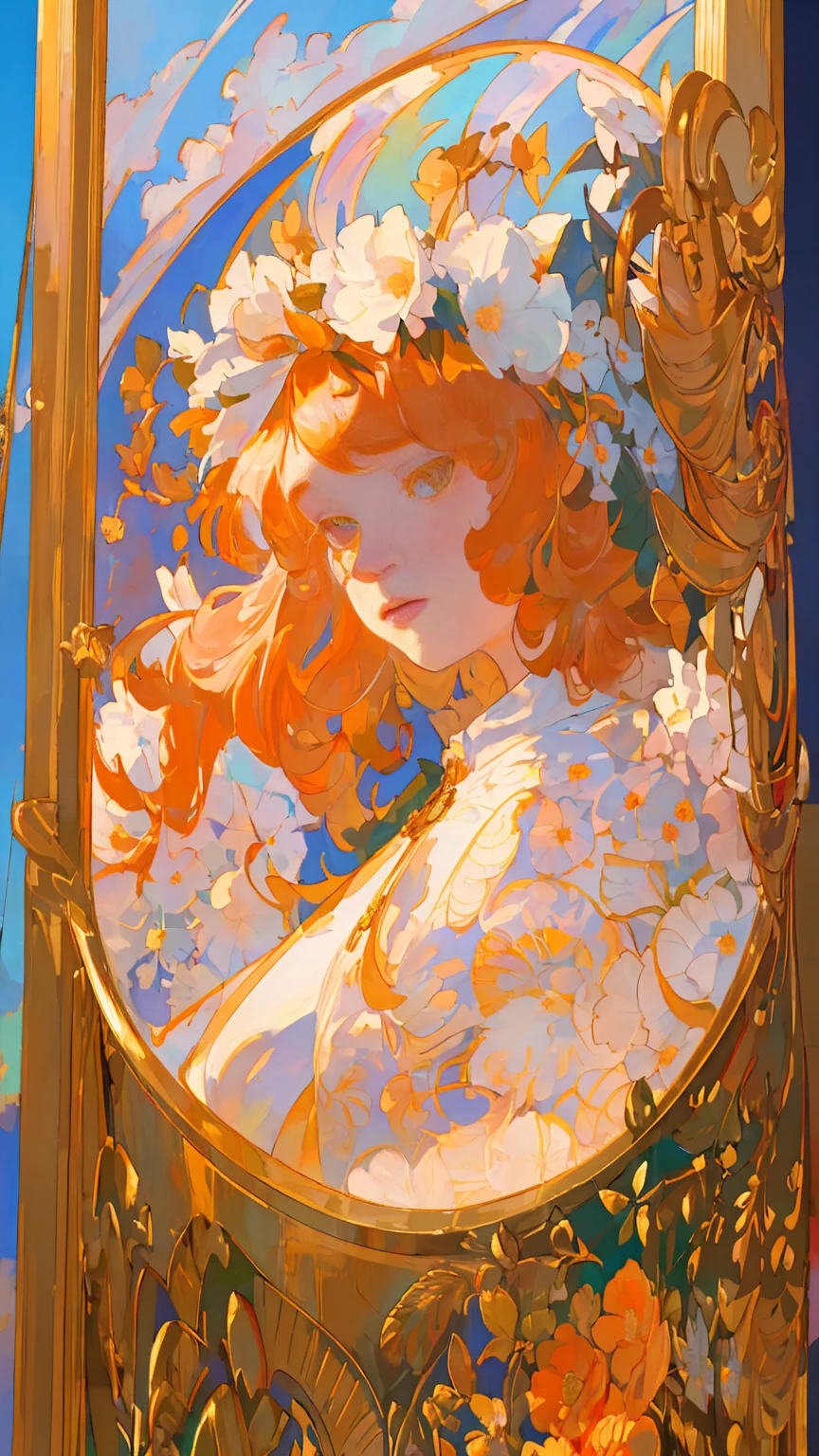 masterpiece, art deco, European woman's face portrait, long curly hair, ginger, piclill, delicate face, flower frame, decorative panel, Alphonse Mucha (masterpiece, highest quality, high resolution: 1.4), detailed, intricate details, 4K, color splash, flowers