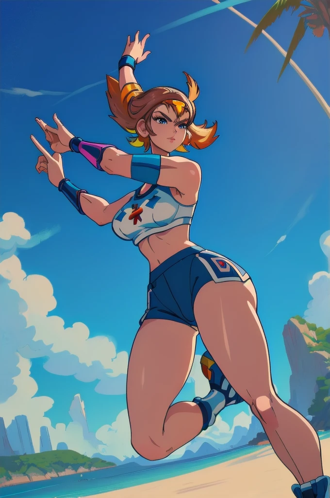 seguro para o trabalho,(composição perfeita),imaginei uma garota com roupa de esporte radical jogando um jogo de disco voador em uma arena de praia., obra de arte, Ultra-detalhado, 80's anime (estilo), 2D, Megapixels, perfeccionismo, Full HD , 4K, (bloqueadores de vento), bloqueadores de vento sport game, bloqueadores de vento 2 (((((solo maduro anime mulher,)))))++++++++++++++++++, Olhando para o visualizador, corpo todo, cabelo castanho e cabelo rosa, cabelo curto, cabelo estranho, sorriso, lábios, cílios, seios médios, uniforme de ginásticae, uniforme, shorts de ginástica, arco de cabelo, esportes bem, cotoveleira, joelheira, extreme sports outfit 80's theme, fundo de praia, jogando jogo de disco voador em um jogo de quadra de praia, mar, sol no céu, roupa de esporte