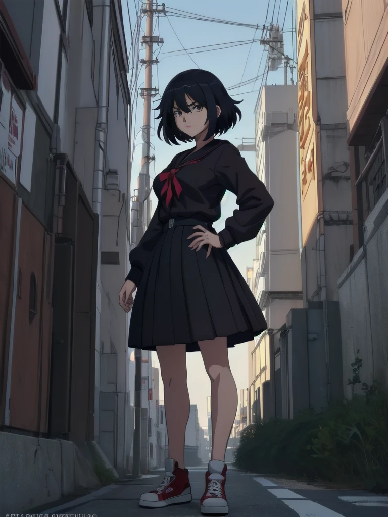 (composição perfeita), (Alta resolução, obra de arte, ultra melhor qualidade, ultra alta definição, 4K,alta definição, altamente detalhado ),personagem de anime garota delinquente Sukeban parada na esquina de uma cidade em seifuku preto com saia preta muito longa, estilo anime. 8K, estilo anime mixed with fujifilm, garota de anime retrô, estilo animed digital art, em Tóquio, estilo anime illustration, estilo anime 4 k, estilo anime artwork, cartaz de anime filme ainda retrato, Cena de anime de Tóquio, modern estilo anime, estilo anime digital art, cabelo curto, 26 anos, converse vermelho,