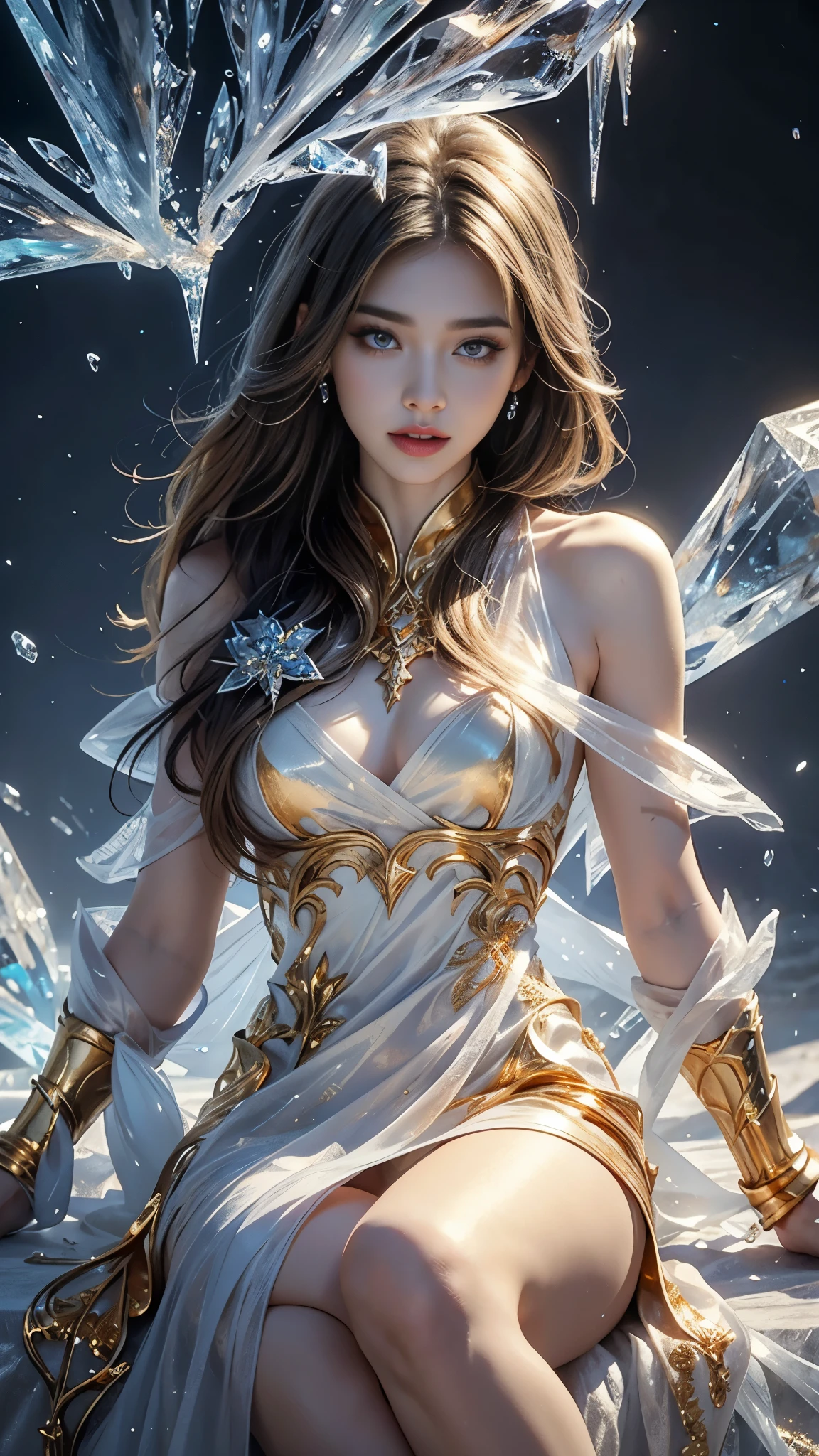 a beautiful ice goddess, good face, happy face, very long hair, realistic eyes, small breasts, ice magician, ice elemental, intricate design and details, chilling mist, cold, blizzard storm, conjuring ice spell, casting ice spell, detailed dress, (golden dress:1.5), realistic ice effect, ((ice:1.5)), snow particles, dark fantasy art style, ruined city, dramatic lighting, cinematic, sitting,