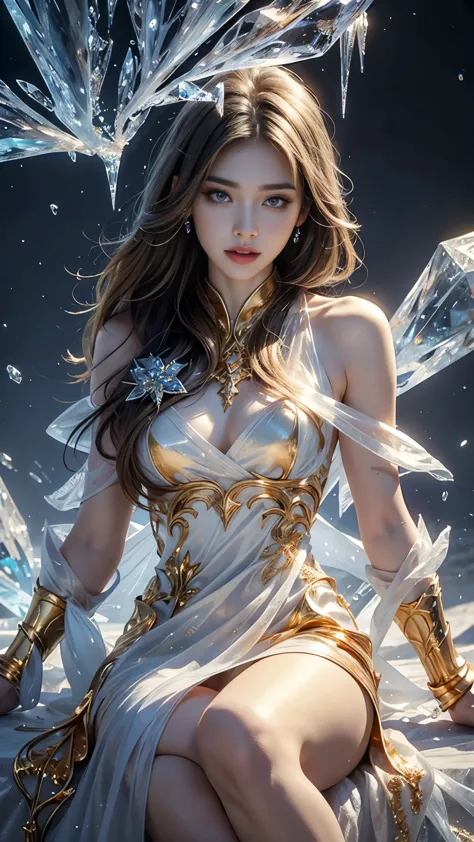 a beautiful ice goddess, good face, happy face, very long hair, realistic eyes, small breasts, ice magician, ice elemental, intr...