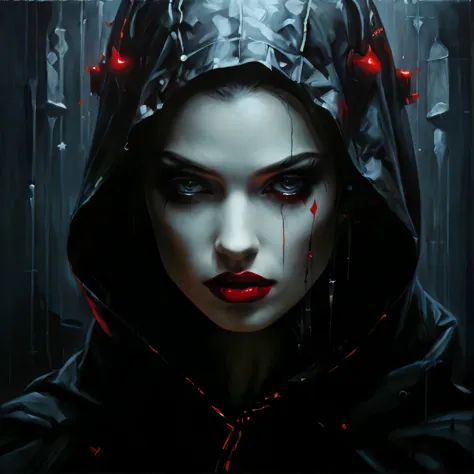 painting of a woman with blood dripping down her face and hood, dark fantasy style art, dark fantasy art, dark fantasy artwork, ...