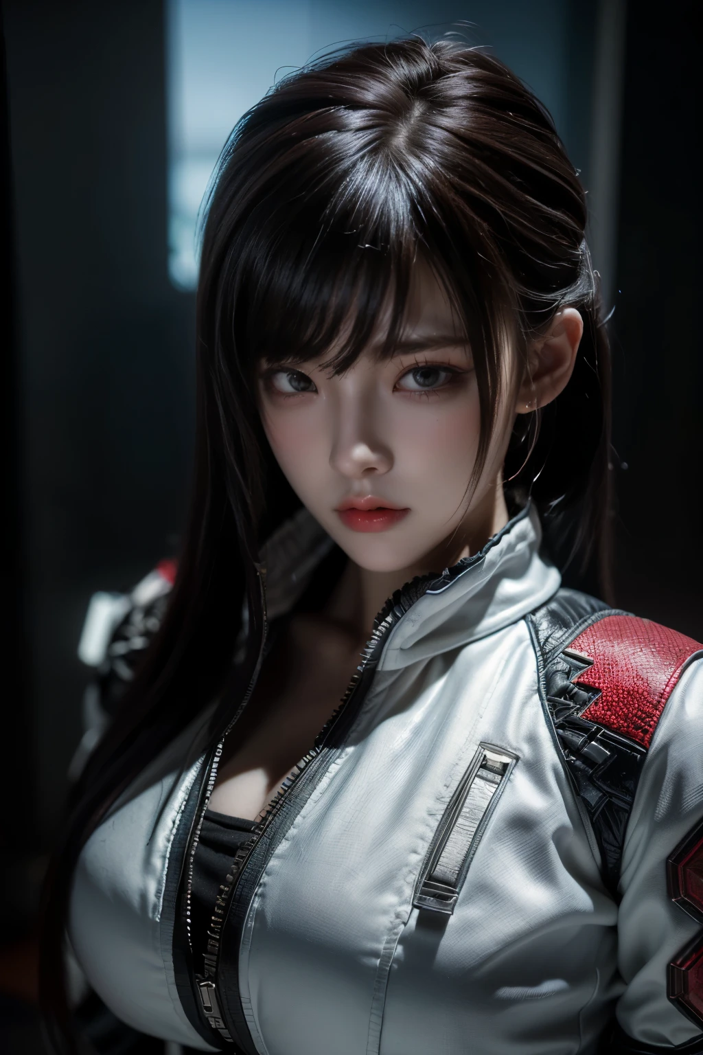 tmasterpiece,Best quality,A high resolution,8K,(Portrait photograph:1.5),(ROriginal photo),real photograph,digital photography,(Combination of cyberpunk and fantasy style),(Female soldier),20 year old girl,random hair style,By bangs,(Red eyeigchest, accessories,Redlip,(He frowned,Sneer),(Cyberpunk combined with fantasy style clothing,Openwork design,joint armor,police uniforms,White jacket,Red),exposing your navel,Photo pose,Realisticstyle,Thunder and lightning on rainy day,(Thunder magic),oc render reflection texture