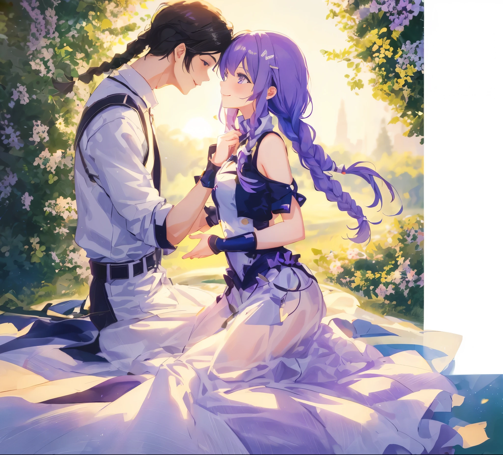 1 boy,A girl with purple and white gradient double braids and a long ponytail,,young,energetic,Nature,Sunny meadow background,Smiley Face,eye contact,tender emotions,Sweet atmosphere,illustration,Soft colors,best quality,4k,8K,High resolution,masterpiece:1.2,Extremely detailed,Practical,photoPractical:1.37,Studio Lighting,professional,Soft Focus,Bright colors,Luminous lighting