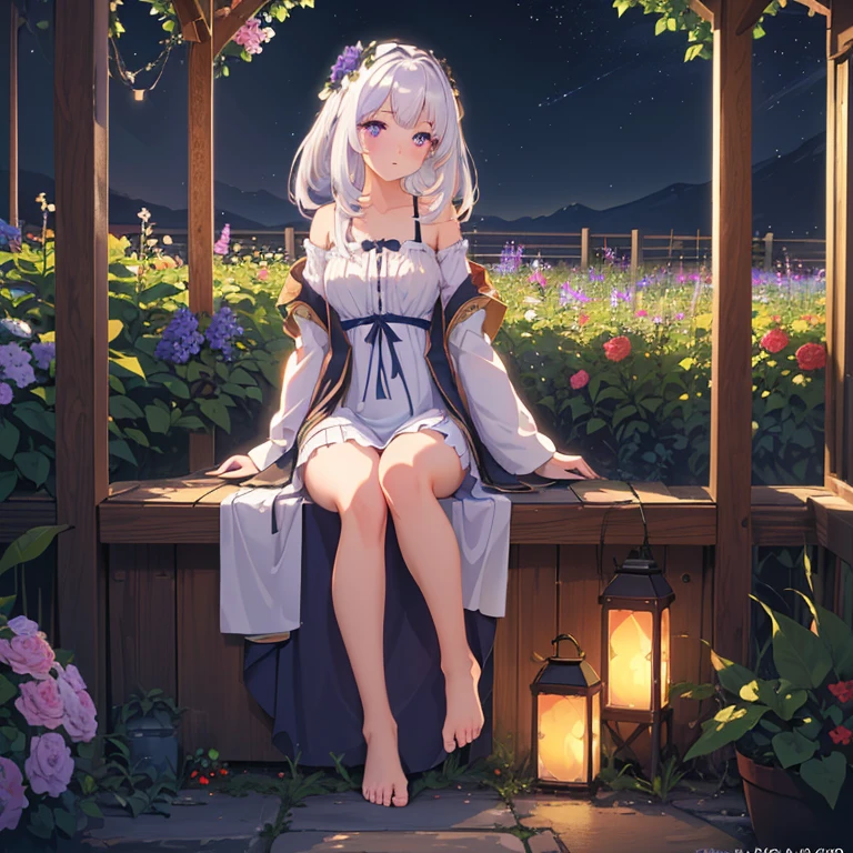 (best quality,4K,8k,high resolution,masterpiece:1.2),Ultra Detailed,(actual,photoactual,photo-actual:1.37),illustration,Soft Light,White hair girl,Deep purple eyes,Glowing eyes,sit down,barefoot,blush,Garden at night,Flowers.