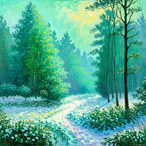 （Claude Monet），Forest cold background ,(landscape、Forest details） ,( Solitary),Claude Monet style