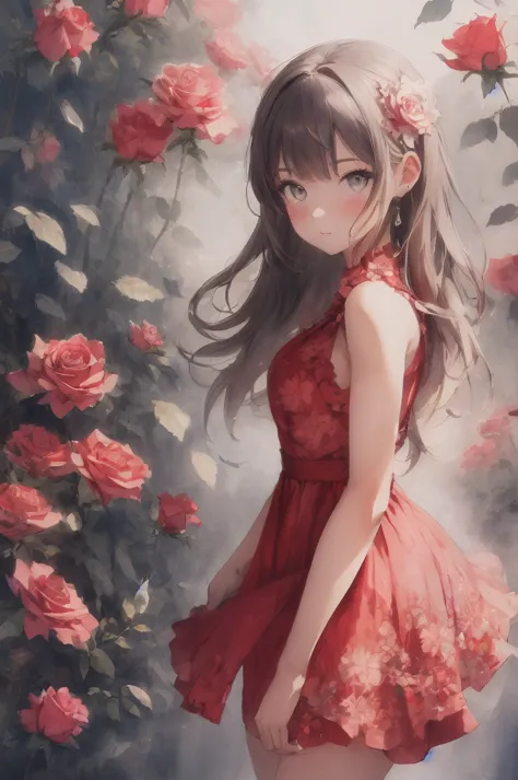 absurd, high resolution, super detailed, (one beautiful girl:1.3),　crimson rose dress, de luz, watercolor style, soft blending, ...