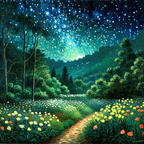（Claude Monet），forest，night，Meteor Showers ,(landscape、forest细节） ,( Solitary),Claude Monet style