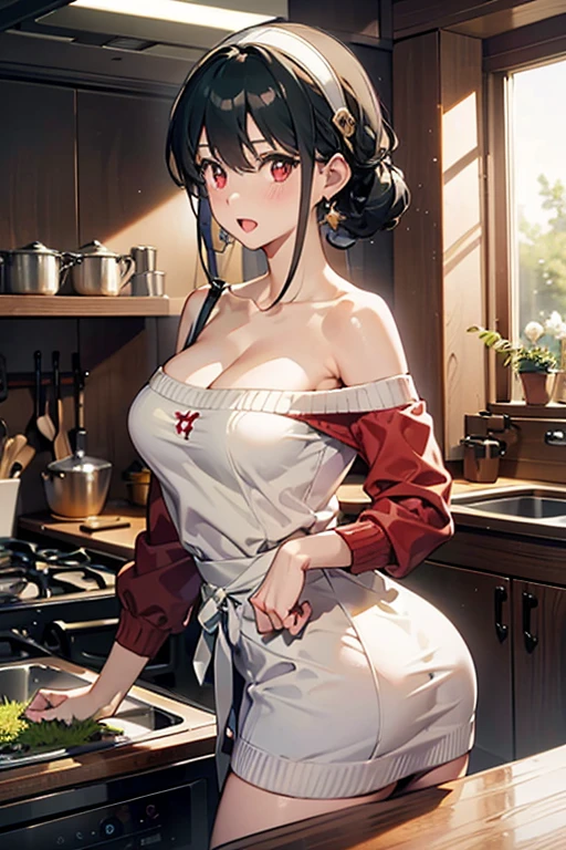 masterpiece, yor, 1girl, Bust A Cup, Amazing Cleavage:1.0, thin waist, big ass, Raised sexy, small breast: 1.2 posed cleavage:1.2、solo, looking at viewer, open mouth, have a cute grass of cute beergrass,black hair, red eyes, dress, bare shoulders, jewelry, collarbone, sidelocks, hairband, earrings, indoors, off shoulder, :o, sweater, arms behind back, plant, short hair with long locks, white hairband, off-shoulder dress, sweater dress, off-shoulder sweater, red sweater, big side hair, very long side hair,is rendered in (masterpiece: 1.2, best quality), with (ultra high resolution) and an exquisite (depth of field). This masterpiece is not only visually stunning but also tells,A scene of cooking in the kitchen
