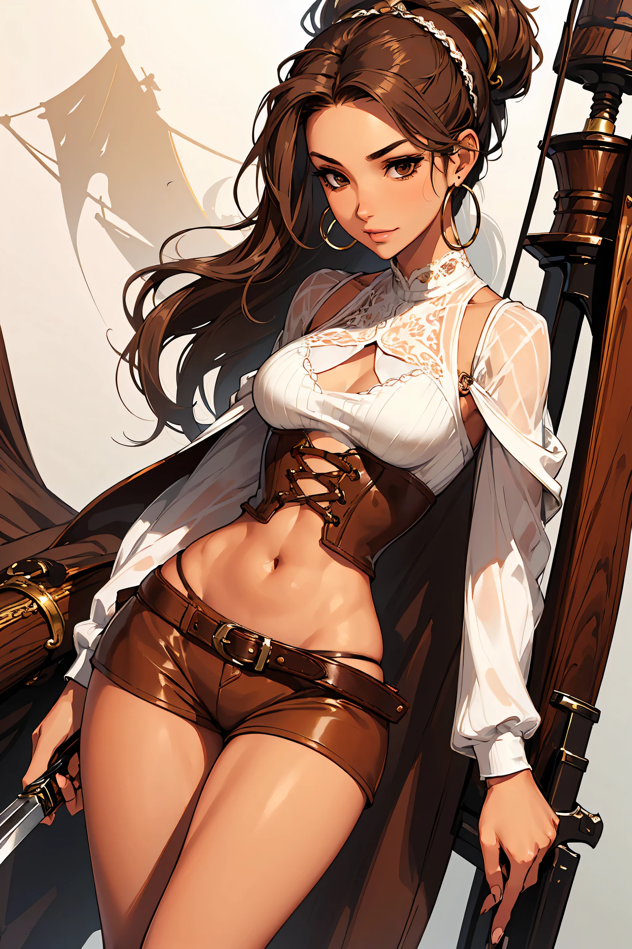 (masterpiece), best quality, expressive eyes, perfect face, (pirate ship background), (standing), (smirk), (closeup view), (1girl,white girl, tanned skin, brown hair, wavy hairstyle, brown eyes, hourglass figure, thin body, skinny body, petite_body, small breasts, thick thighs, long fingernails, brown plaid head wrap, white front lace blouse, long sleeve, loose fit, brown leather corset, brown leather shorts, brown boots, sheathed cutlass sword, flintlock pistol in holster, hoop earrings, miscellaneous jewelry)