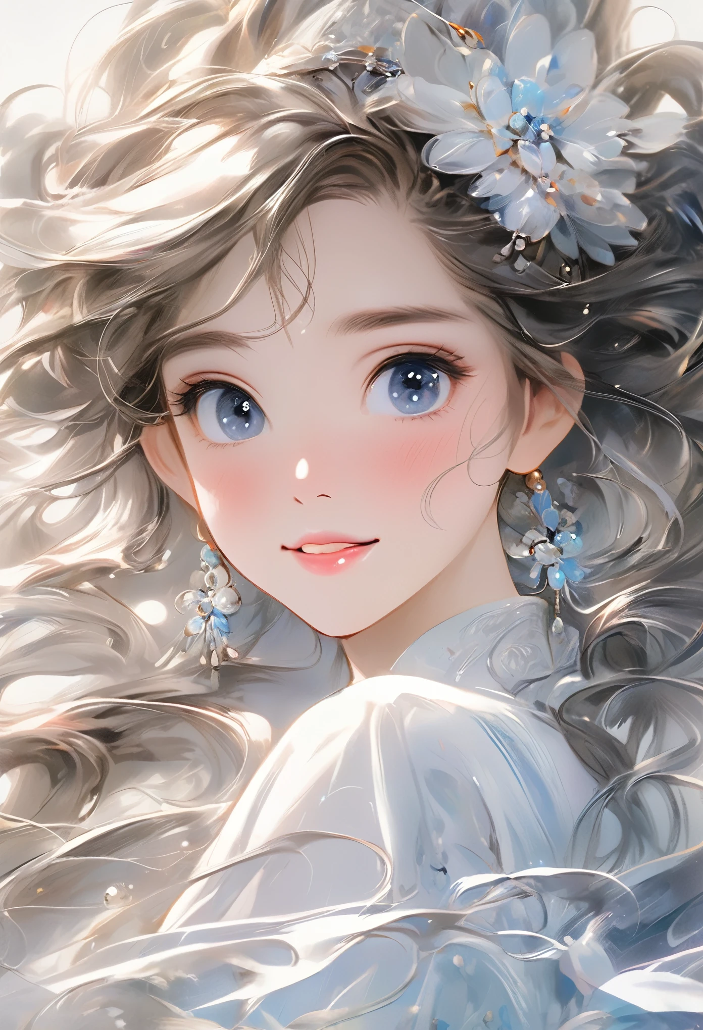 Chinese Girl, Sweet and charming girl, big eyes, illustration, long hair, braid, Fluffy hair, front, Film Angle, Reflective hair, 水汪汪的big eyes, Looking at you, Facial details, facial focus, masterpiece, best quality, extremely delicate and beautiful, Dynamic Angle, Intricate details, Beautiful and delicate eyes, Delicate face, Delicate facial features, Gentle lips, real, charming, focus, clear lines, 8k high resolution, nice, Smile, Wearing a white dress, Stylish and beautiful, Depth of Field