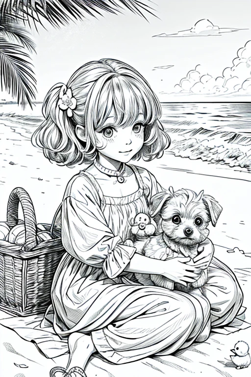 Une page de coloriage sans couleur d'un caniche toy et de yorkies toy à la plage avec des canetons