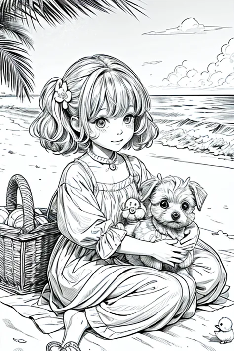 a coloring book page with no color of a toy poodle and toy yorkies at the beach with baby ducks