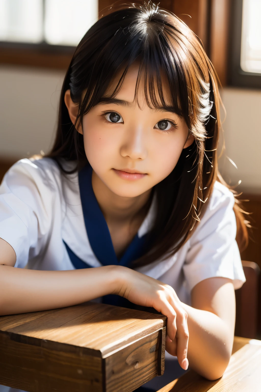 lens: 135mm f1.8, (highest quality),(RAW Photos), (Tabletop:1.1), (Beautiful 16 year old Japanese girl), Cute Face, (Deeply chiseled face:0.7), (freckles:0.4), dappled sunlight, Dramatic lighting, (Japanese School Uniform), (In the classroom), shy, (Close-up shot:1.2), (Serious face),, (Sparkling eyes)、(sunlight)
