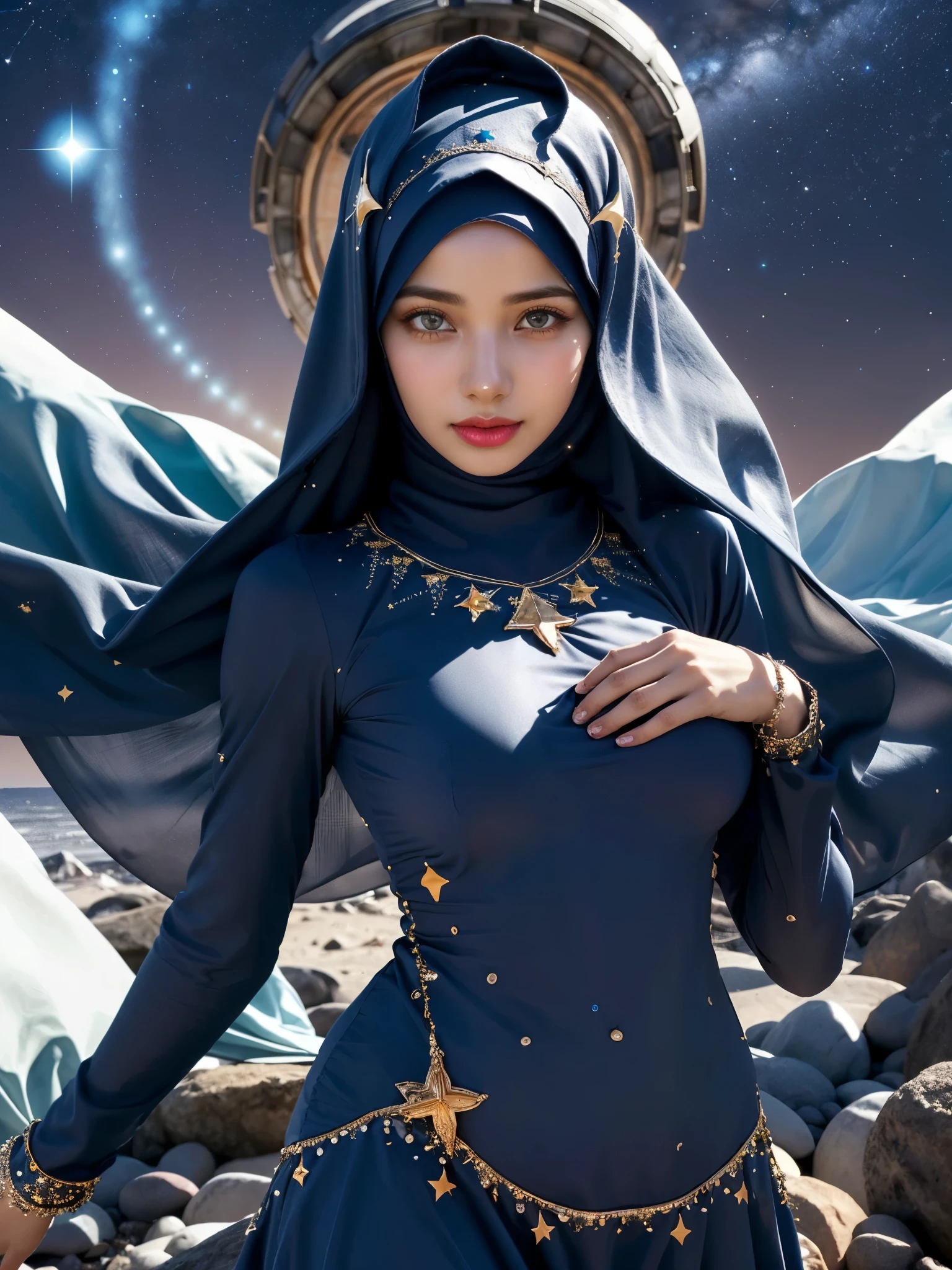 girl wearing summer dress, BREAK, 1girl, luminescent dark blue comfy dress, radiant shiny accent, colorful, vibrant, detailed face, bright natural light, (celestial hijab decorated by stars:1.4), mesmerizing cosmic, ethereal beauty, cinematic angle, long floating shawl, full breasts, veil, small face, gigantic breasts, 