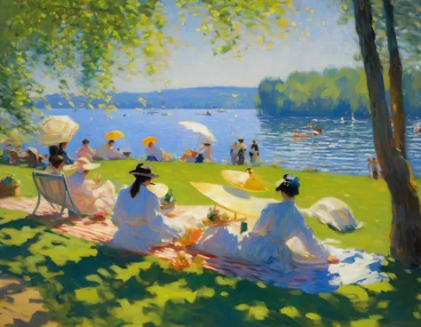 people enjoying sunbathing々,lakeside,early summer,(monet&#39;s style and renoir&#39;s style),the best composition,optimal color ...