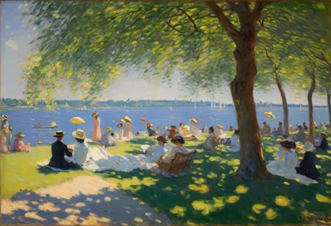 lakeside,100 people,((people enjoying sunbathing々)),(monet&#39;s style and renoir&#39;s style),the best composition,optimal colo...