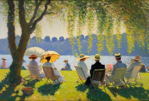 Lakeside,100 people,((People enjoying sunbathing々)),(Monet&#39;s style AND Renoir&#39;s style),The best composition,Optimal colo...