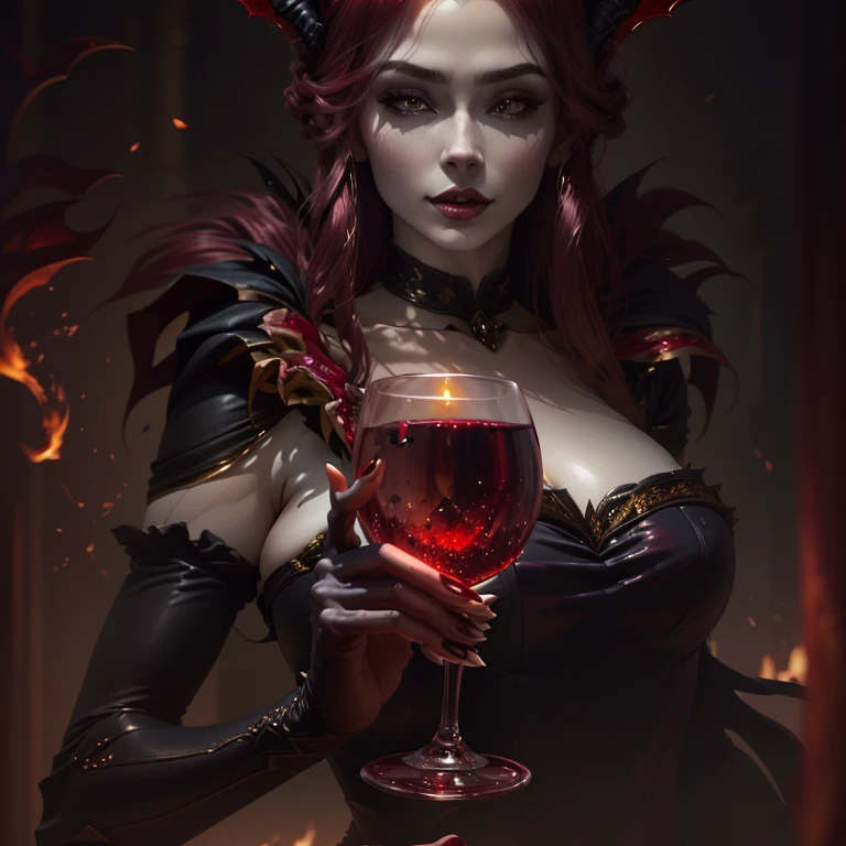 a close up of a woman holding a wine glass with a demon on it, beautiful elegant demon queen, beautiful vampire female queen, , succubus | medieval, dark fantasy style art, beautiful vampire queen, alexandra fomina artstation, fanart best artstation, diablo 4 queen, ig model | artgerm, vampire queen, extremely detailed artgerm