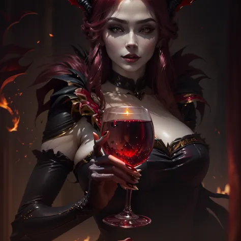 a close up of a woman holding a wine glass with a demon on it, beautiful elegant demon queen, beautiful vampire female queen, , ...