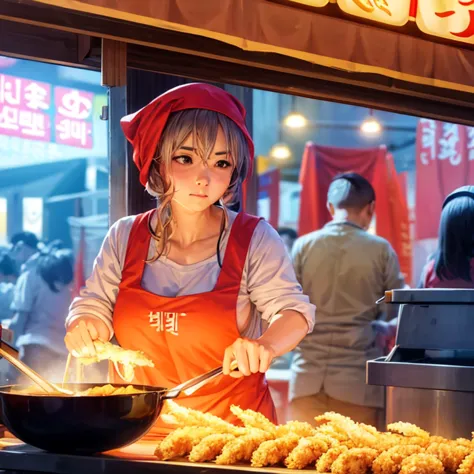 A woman with a towel wrapped around her head making a large amount of tempura at a night market in Korea　highest quality　Wearing...