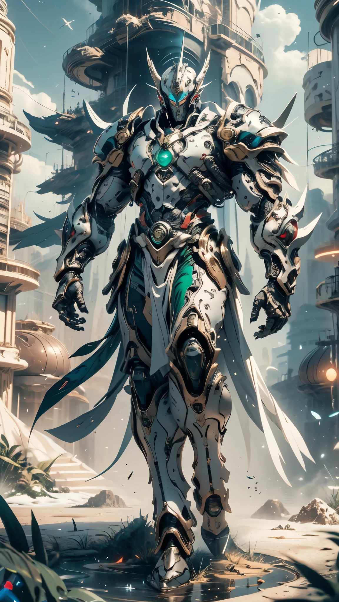 A man wearing a full-face helmet, a fantasy-style biotech armored combat suit, green eyes, (a composite layered chest armor), fully enclosed shoulder guards, matching arm and leg guards, the belt is adorned with Halo, (the color scheme is primarily white with red and blue accents), the design balances heavy with agility, a high-tech bio-mecha armor, (Armor Concept Inspired by Angel, stand on the top of a skyscraper in a futuristic sci-fi city), this character embodies a finely crafted fantasy-surreal style armored hero in anime style, exquisite and mature manga art style, (battle damage, element, plasma, energy, the armor glows), ((male:1.5)), metallic, real texture material, dramatic, high definition, best quality, highres, ultra-detailed, ultra-fine painting, extremely delicate, professional, perfect body proportions, golden ratio, anatomically correct, symmetrical face, extremely detailed eyes and face, high quality eyes, creativity, RAW photo, UHD, 32k, Natural light, cinematic lighting, masterpiece-anatomy-perfect, masterpiece:1.5