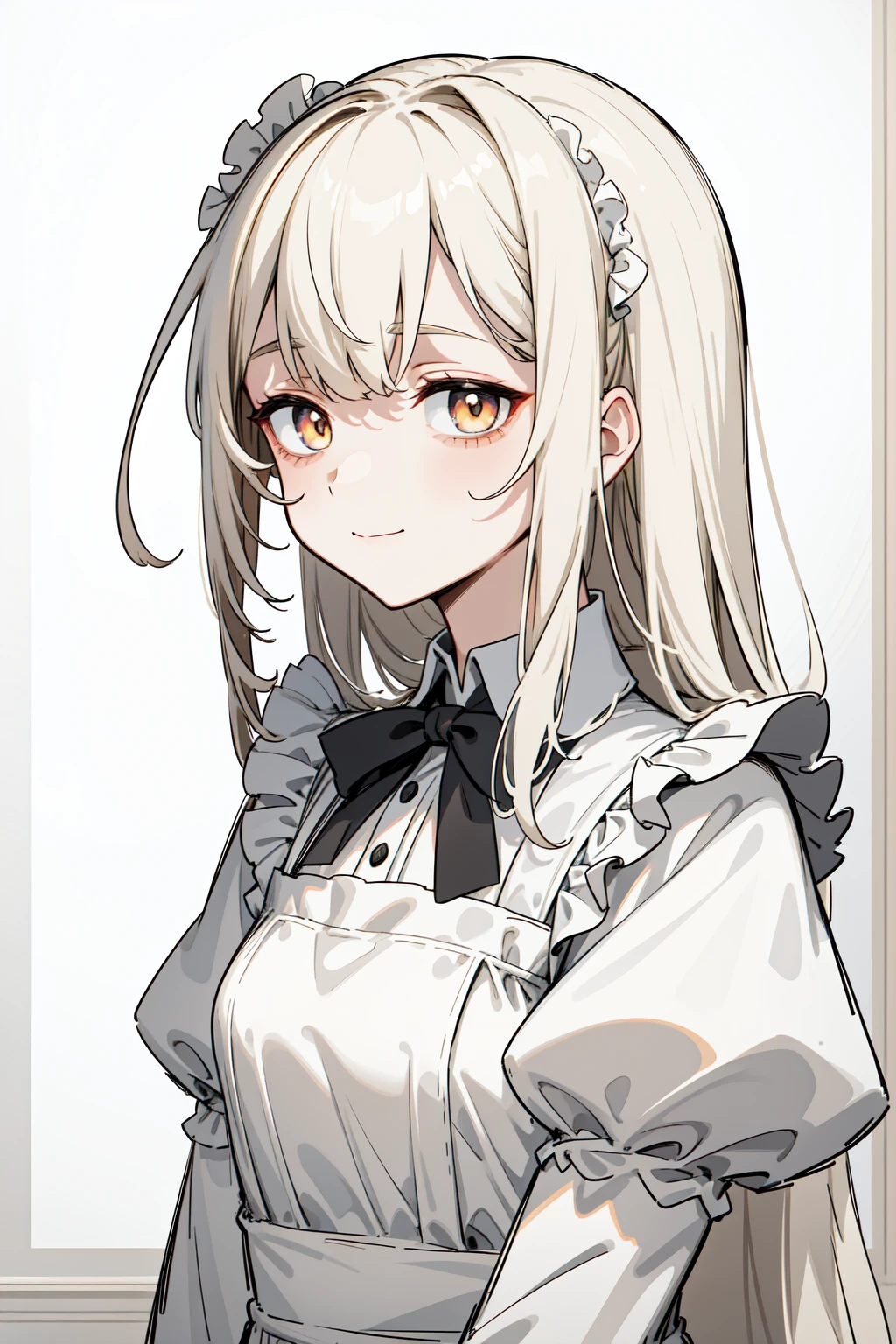 (masterpiece, best quality, ultra high quality, by quan, sketch:1.1), ((portrait)), 1girl, solo, human girl, young with long hair, very long hair, gray white hair, straight hair, blunt bangs, hair between eyes, ((golden eyes, white pupils)), bags under eyes, small breasts, flat chest, neutral, innexpressive, small smile, v-shape smile, :>, wearing a victorian white dress, maid, maid dress, white apron, long dress skirt, leggings, black pantyhose, upper body, standing, hands behind back, isometric lightning, white background, simple background