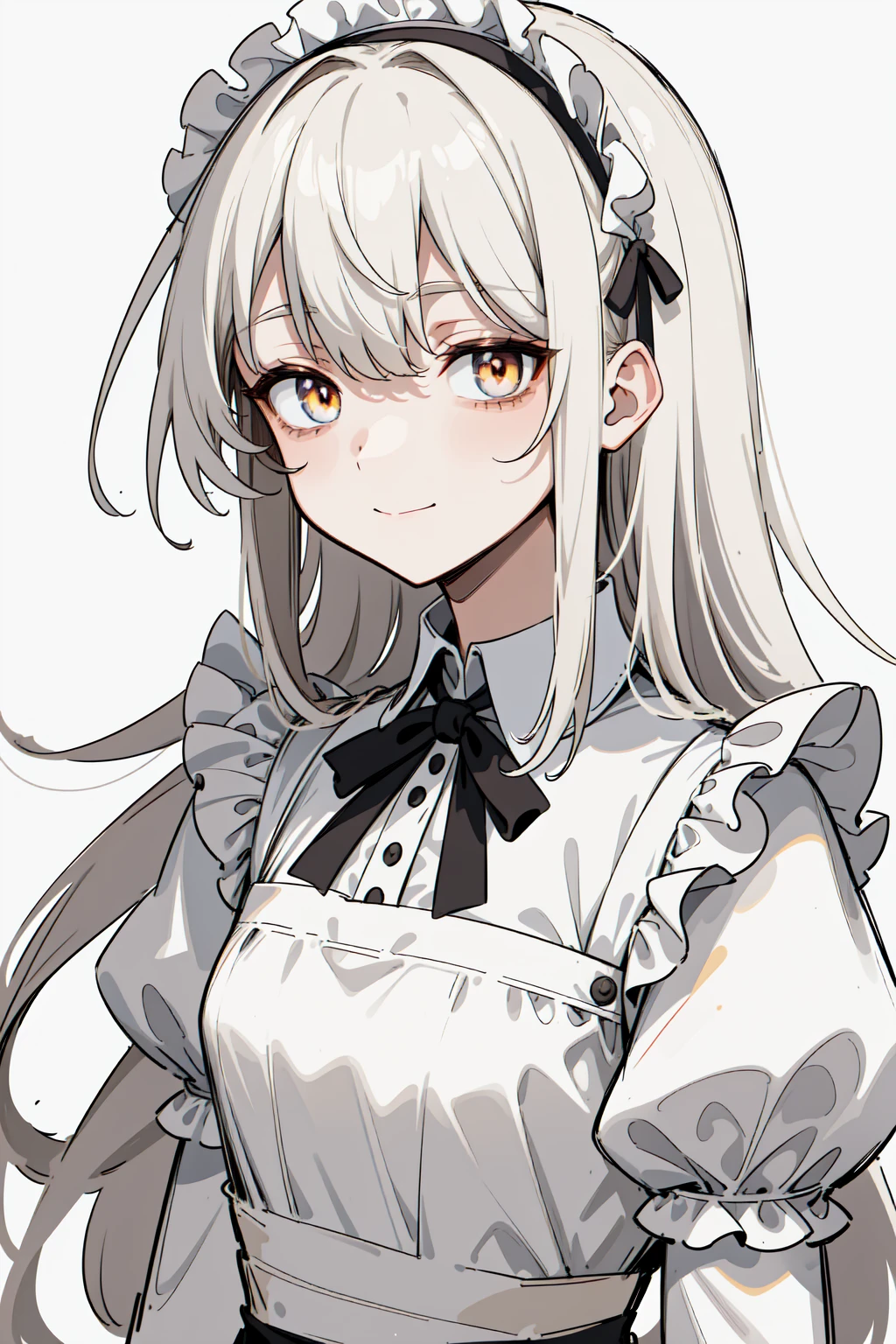 (masterpiece, best quality, ultra high quality, by quan, sketch:1.1), ((portrait)), 1girl, solo, human girl, young with long hair, very long hair, gray white hair, straight hair, blunt bangs, hair between eyes, ((golden eyes, white pupils)), bags under eyes, small breasts, flat chest, neutral, innexpressive, small smile, v-shape smile, :>, wearing a victorian white dress, maid, maid dress, white apron, long dress skirt, leggings, black pantyhose, upper body, standing, hands behind back, isometric lightning, white background, simple background