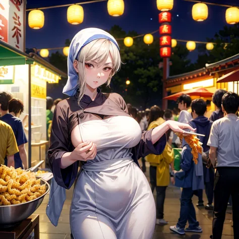 A woman with a towel wrapped around her head making a large amount of tempura at a night market in Korea　highest quality　Wearing...