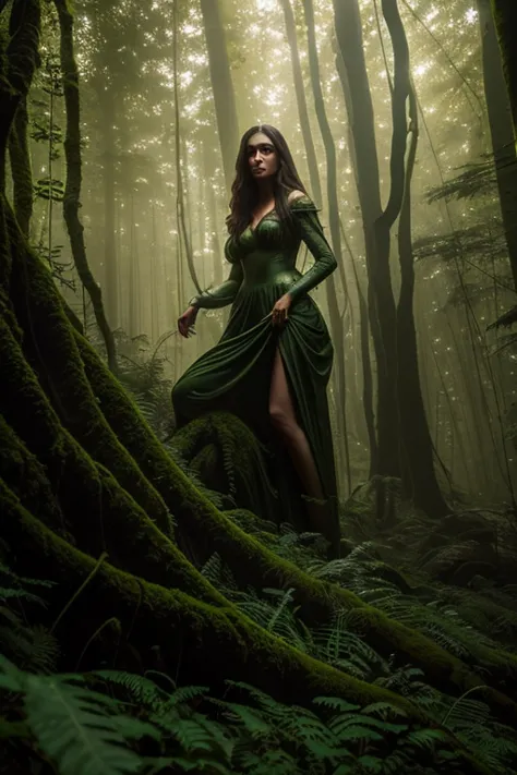 goblin woman in the forest,green and lush environment,eerie shadows,dense foliage,mischievous expression,sharp fangs,gleaming ey...