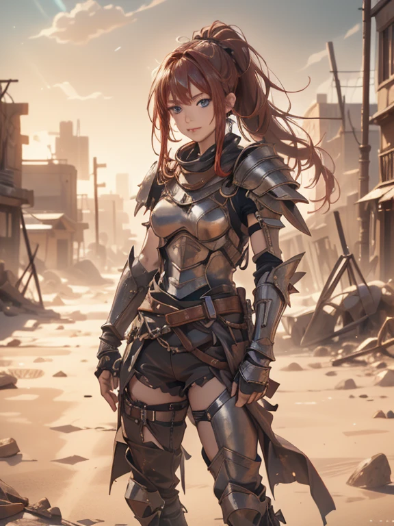 (8k, highest quality, Tabletop:1.2)、Ultra-high resolution、One 16-year-old girl, Perfect Fingers, Detailed face, smile, blue eyes, Red hair, ponytail,Silver armor, Gauntlet, Iron Breastplate, Iron Leg Guards, In the ruined city, Stand with your hands on your hips