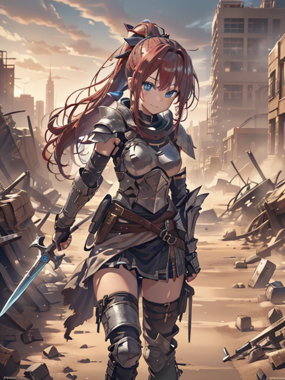 (8k, highest quality, Tabletop:1.2)、Ultra-high resolution、One 16-year-old girl, Perfect Fingers, Detailed face, smile, blue eyes, Red hair, ponytail,Silver armor, Gauntlet, Iron Breastplate, Iron Leg Guards, In the ruined city, sword on waist, Stand with your hands on your hips