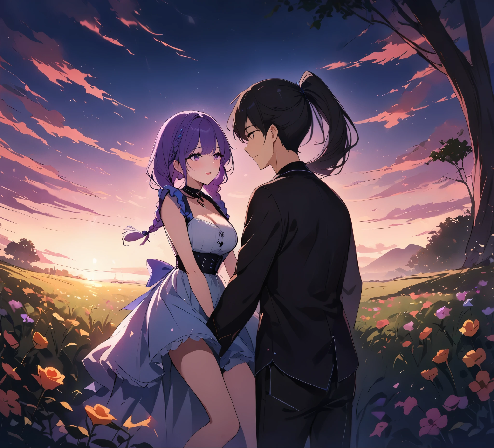 1 boy,A girl with purple and white gradient double braids and a long ponytail,,young,energetic,Nature,Sunny meadow background,Smiley Face,eye contact,tender emotions,Sweet atmosphere,illustration,Soft colors,best quality,4k,8K,High resolution,masterpiece:1.2,Extremely detailed,Practical,photoPractical:1.37,Studio Lighting,professional,Soft Focus,Bright colors,Luminous lighting